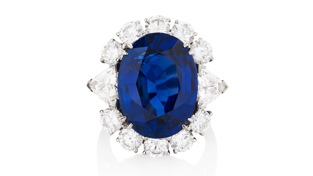 This 14.96-carat sapphire and diamond ring sold for well over its high estimate of CHF 140,000. 14.96-carat blue sapphire and diamond ring